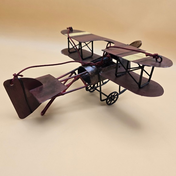 Vintage Metal Biplane Model Rustic Bronze Burgundy Decorative Aircraft 7 Inch - Picture 15 of 16